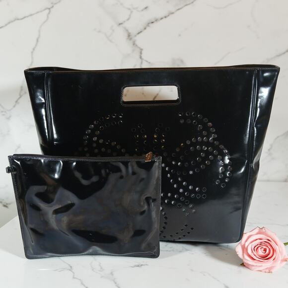 CHANEL Handbags - 2PC Authentic CHANEL Vintage Black Patent Leather Perforated CC Tote Set $4,000